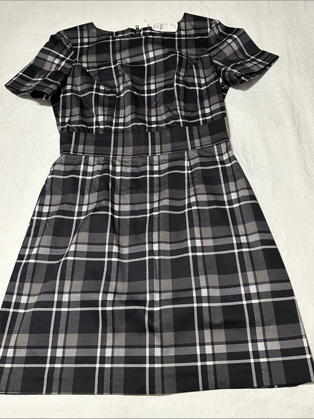 French Connection Black & Gray Plaid Short Sleeve Fit-and-Flare Dress